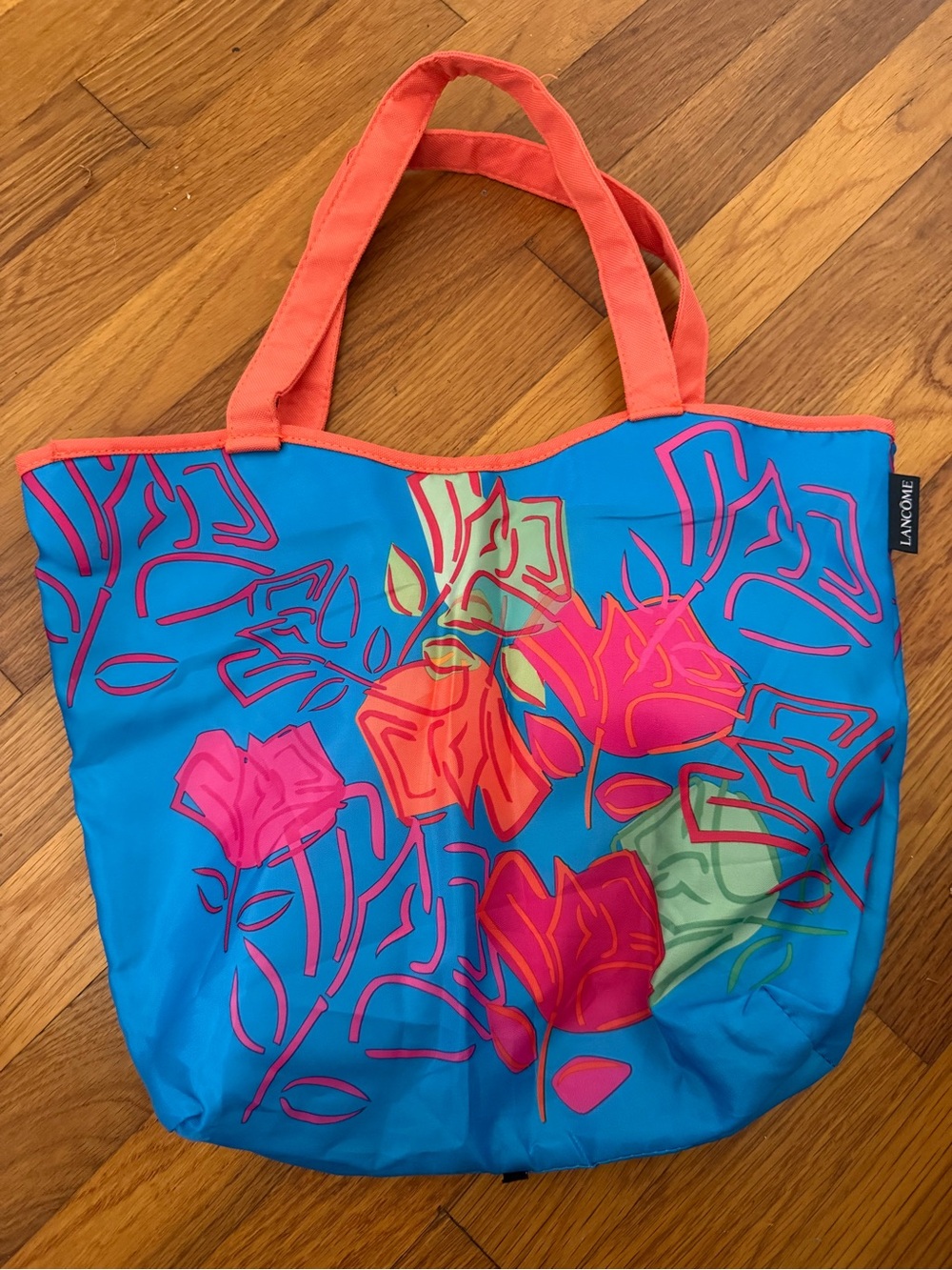 Vintage Lancome Bright Blue Tote with Coral wHandles and Multicolor Floral Print